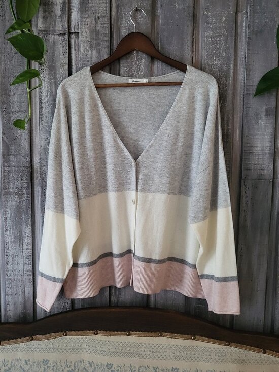 Reitmans Sweaters - Cashmere Blend Colorblock V-Neck Cardigan Grey Cream 2X